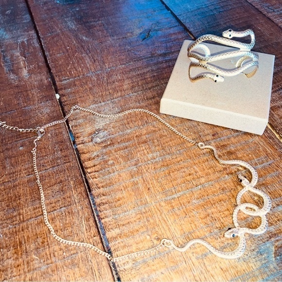 Vintage BUNDLE Rare gold metal Whimsigoth snake wrap necklace & bracelet cuff - Picture 7 of 8